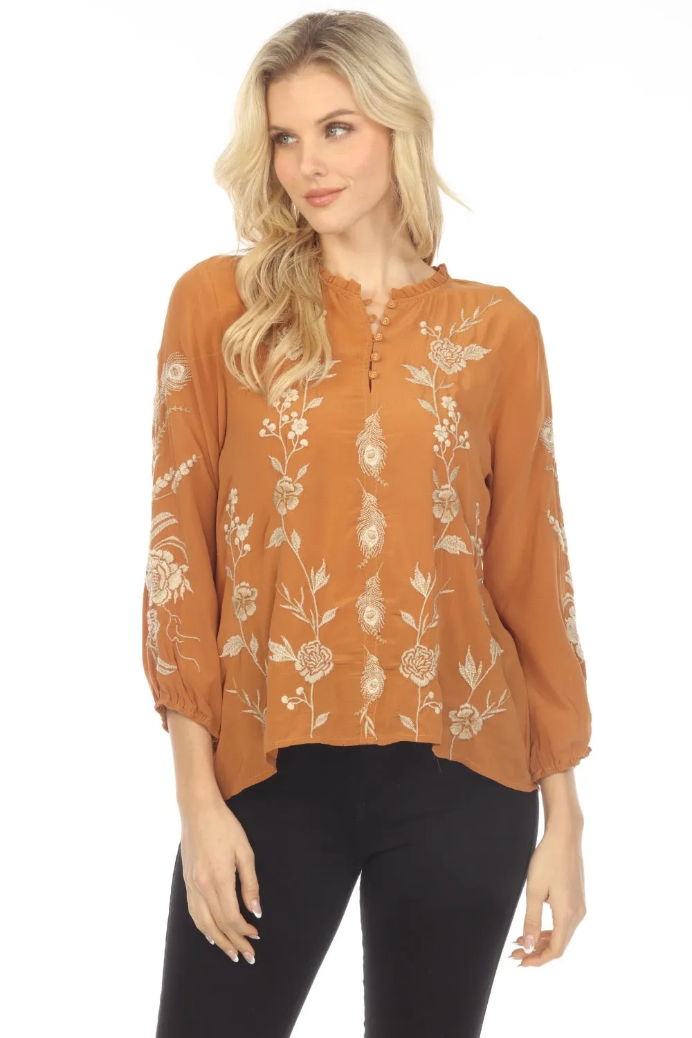 Johnny Was Workshop Calipso Button Neck Field Silk Blouse Boho Chic W13823