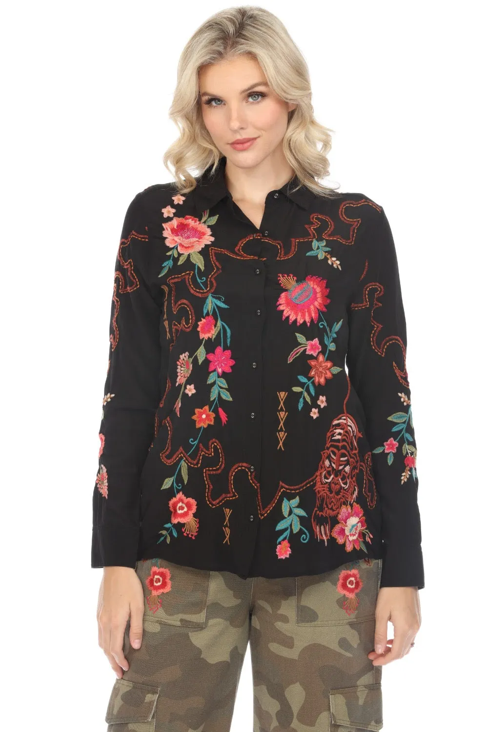 Johnny Was Workshop Nylah Button-Down Silk Shirt Boho Chic W14424