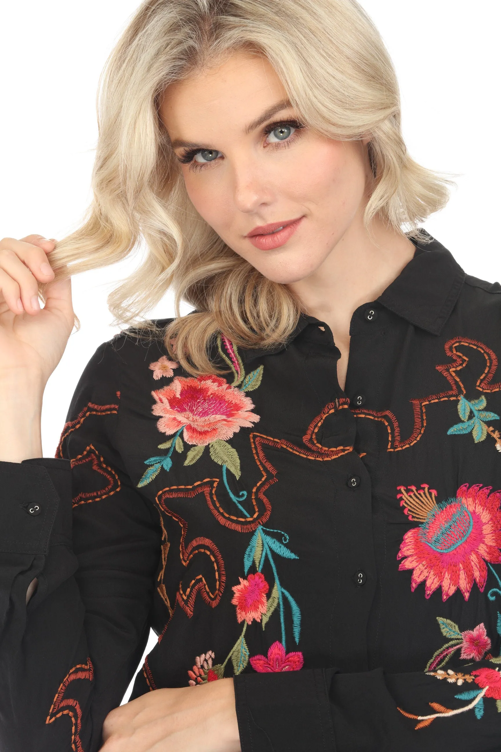 Johnny Was Workshop Nylah Button-Down Silk Shirt Boho Chic W14424