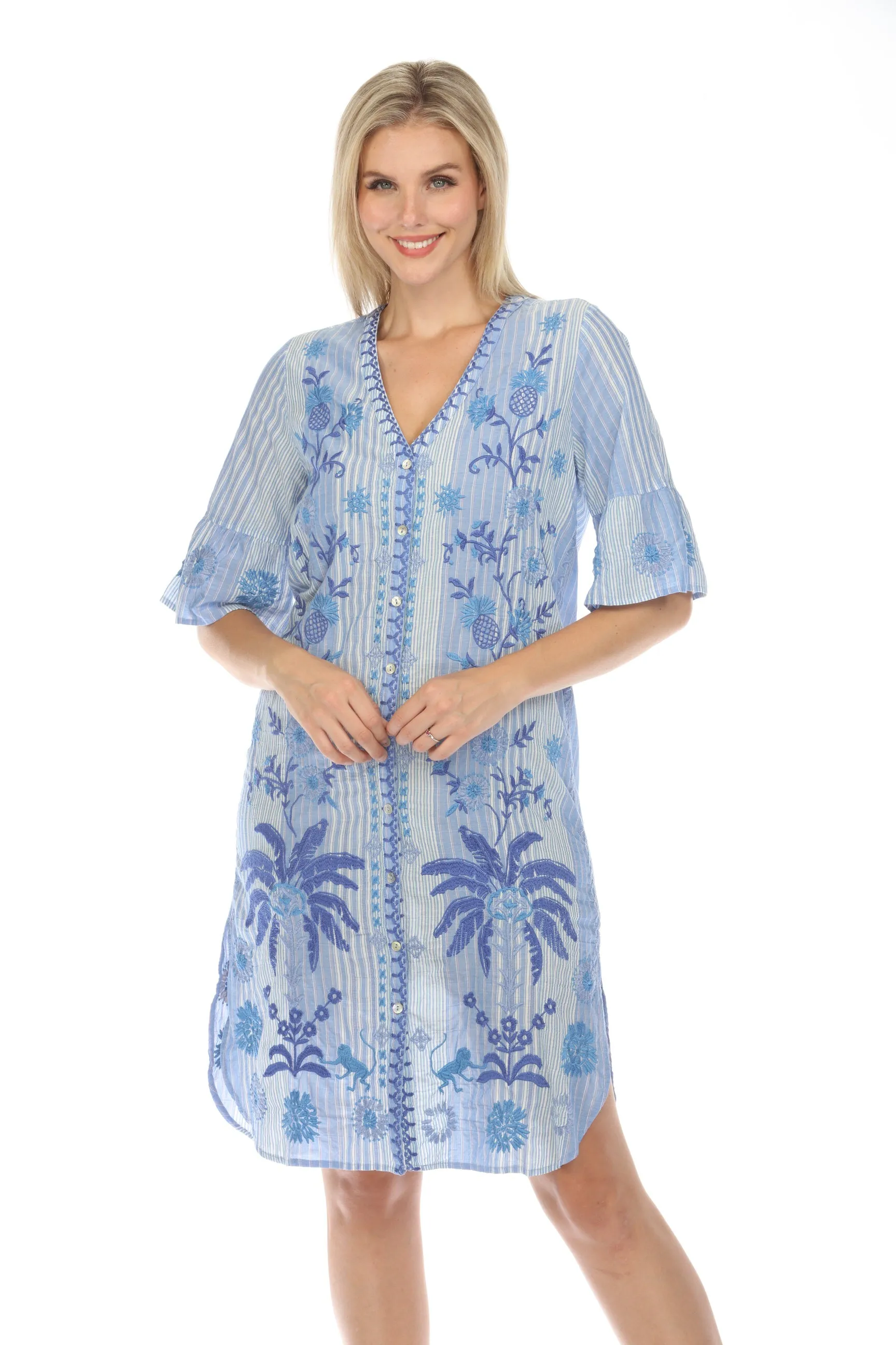Johnny Was Workshop Stripe Tarra Ruffle Sleeve Dress Boho Chic W35324