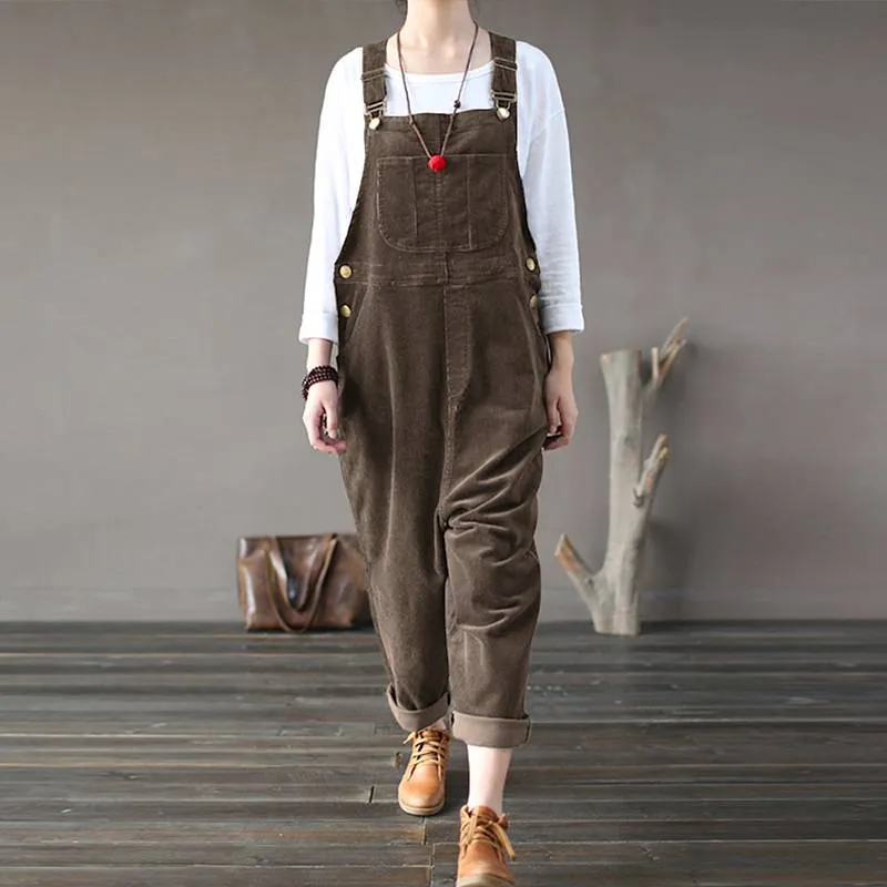 Kaftan Corduroy Overalls Womens Jumpsuits 2021 Autumn Harem Pants Casual Long Pantalon Palazzo Female Button Rompers Playsuit