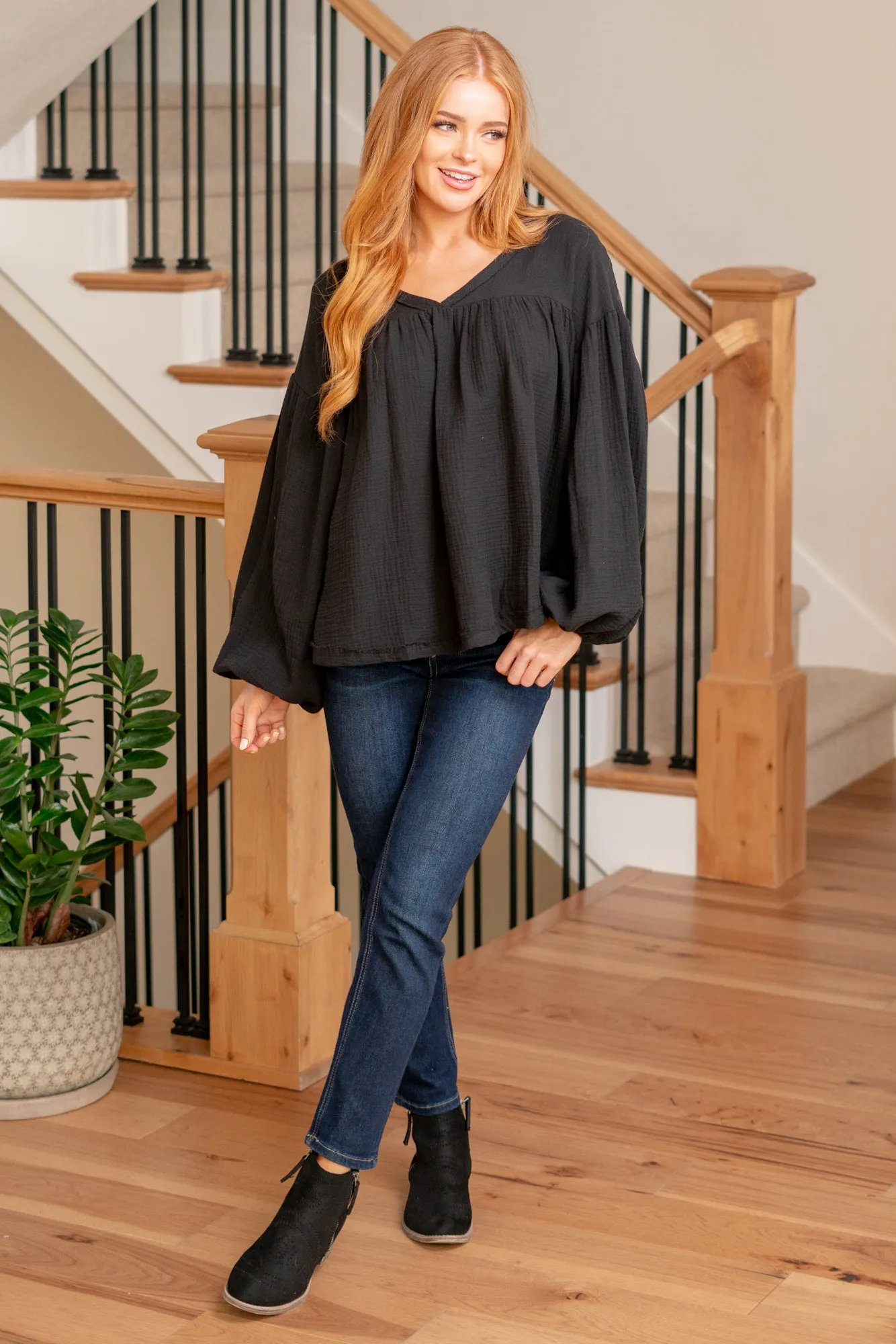 Katherine Shirring Blouse - Black