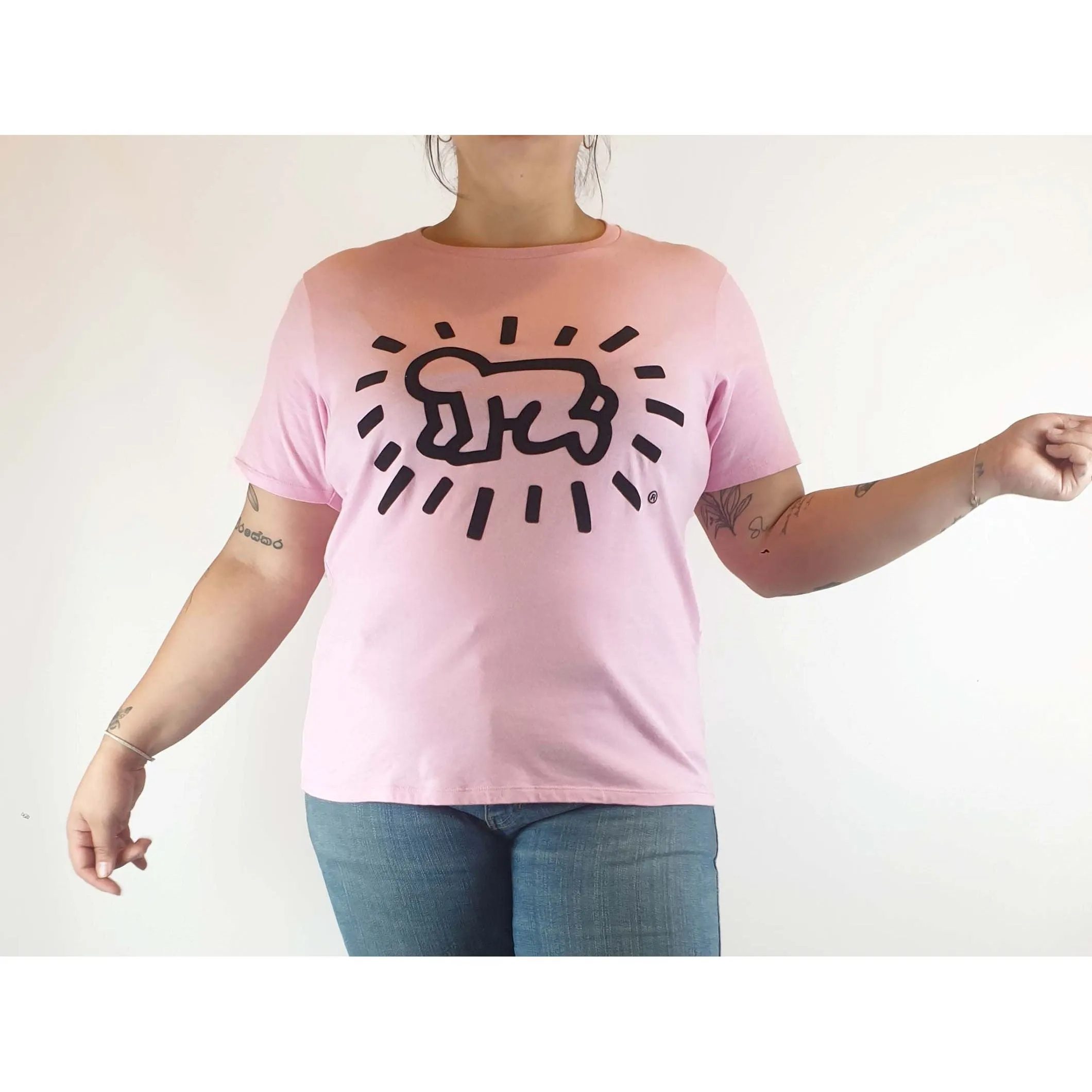 Keith Hans x Uniqlo pre-owned hot pink tee shirt with unique black front print size L (best fits 14)