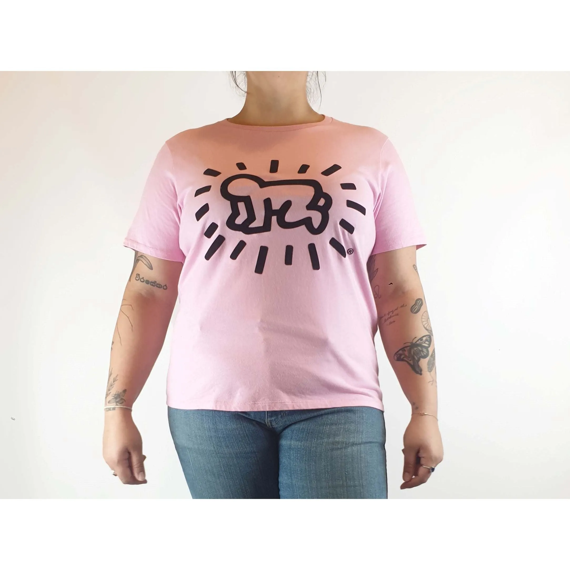 Keith Hans x Uniqlo pre-owned hot pink tee shirt with unique black front print size L (best fits 14)