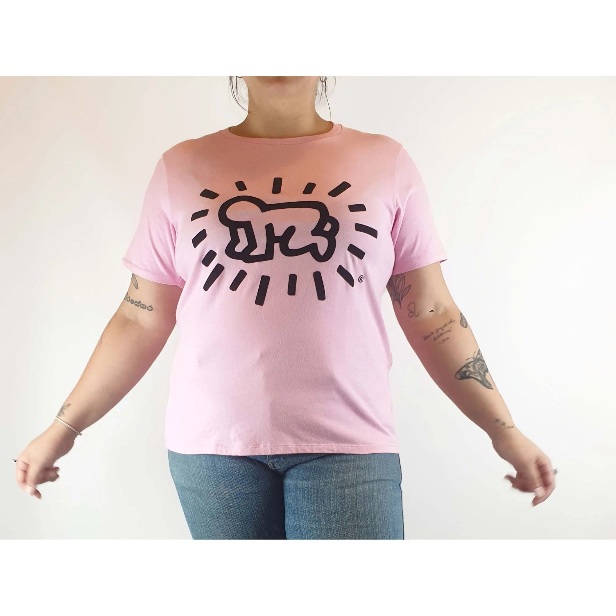 Keith Hans x Uniqlo pre-owned hot pink tee shirt with unique black front print size L (best fits 14)