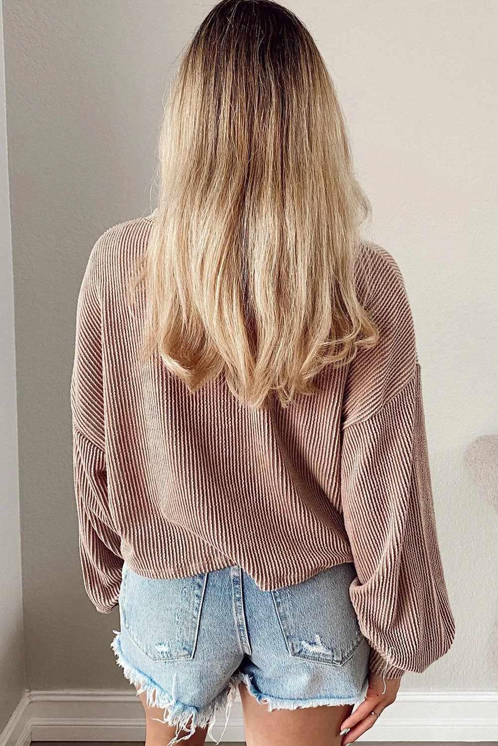 Khaki Cording Drop Shoulder Puff Sleeve Casual Top