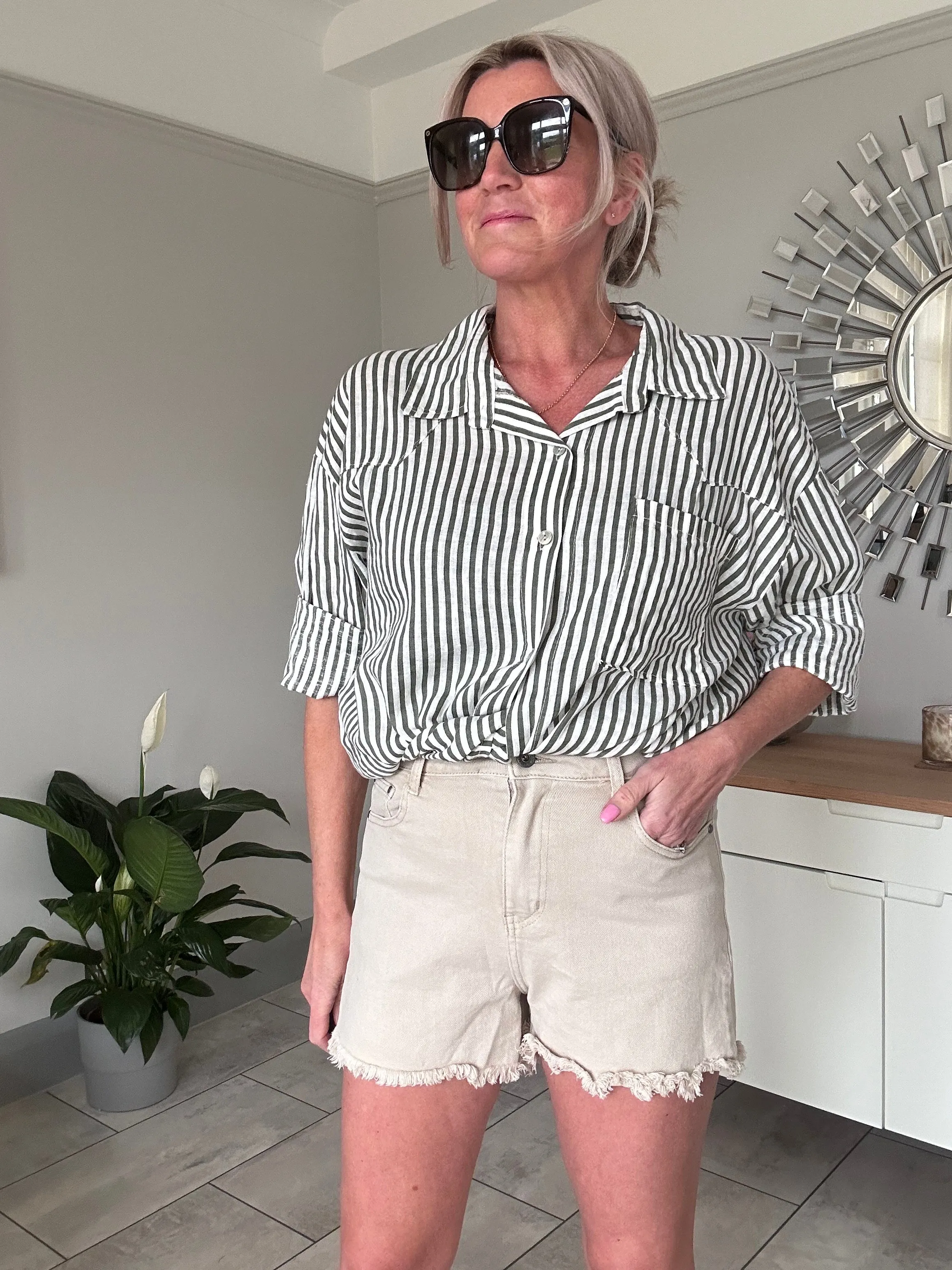 Khaki Cut Off Denim Shorts