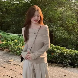 Khaki Off-Shoulder Knit Top