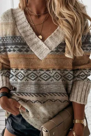 Khaki Ribbed V Neck Casual Geometric Knitted Sweater