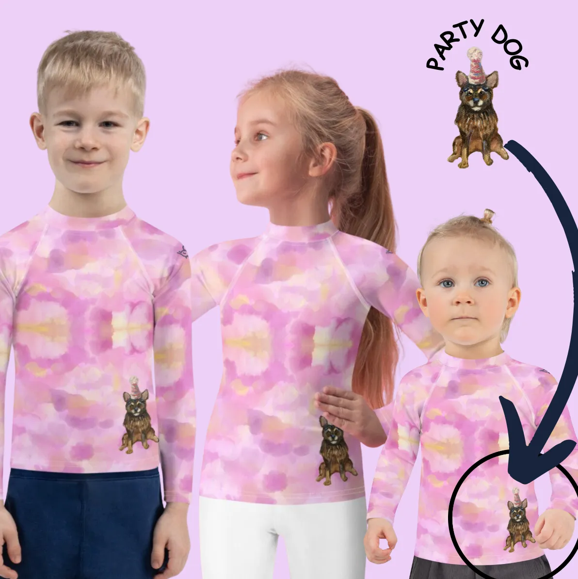 Kids Pink Rash Guard w/ Party Dog