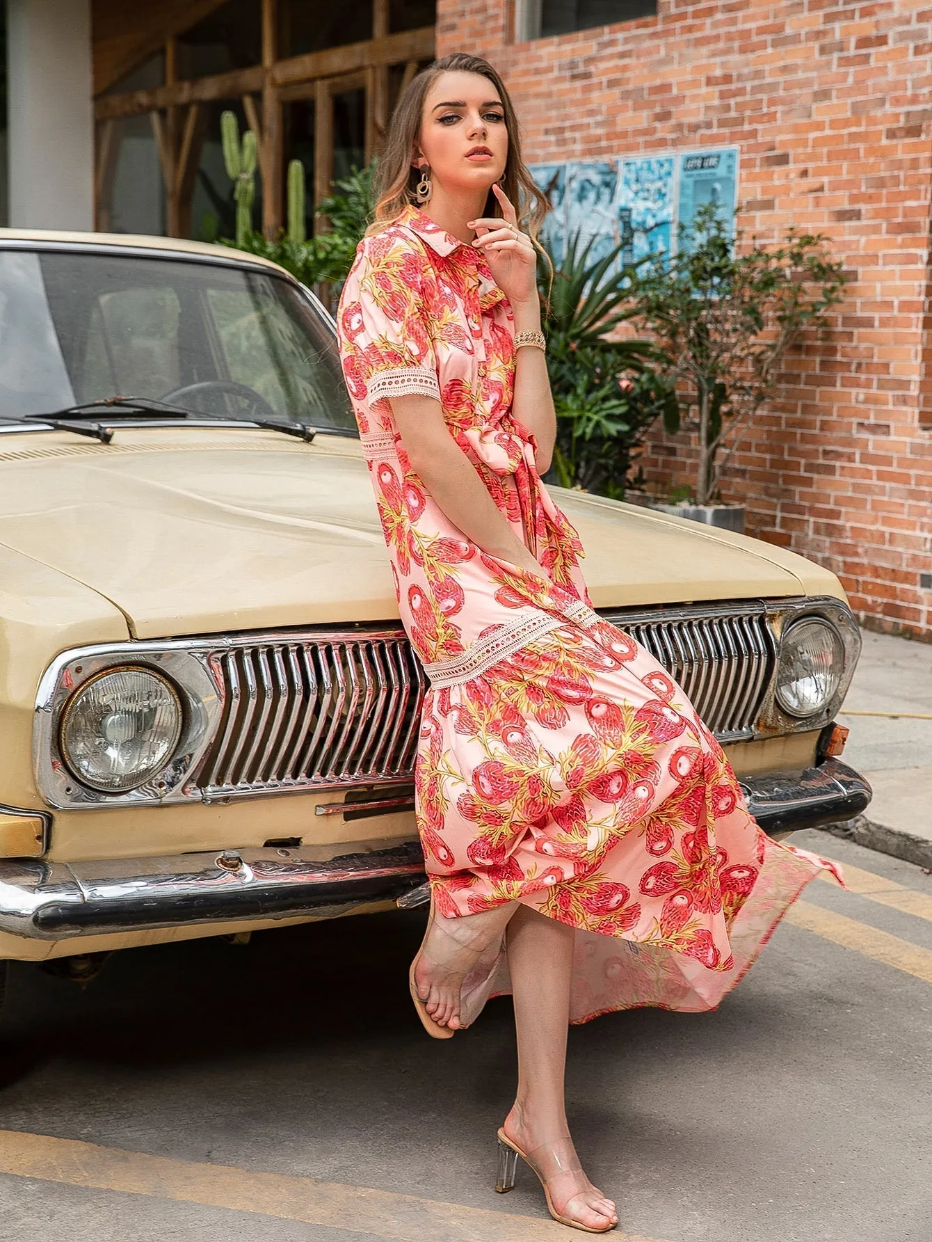 KittenAlarm - Allover Print Self Waist Tie Maxi Dress