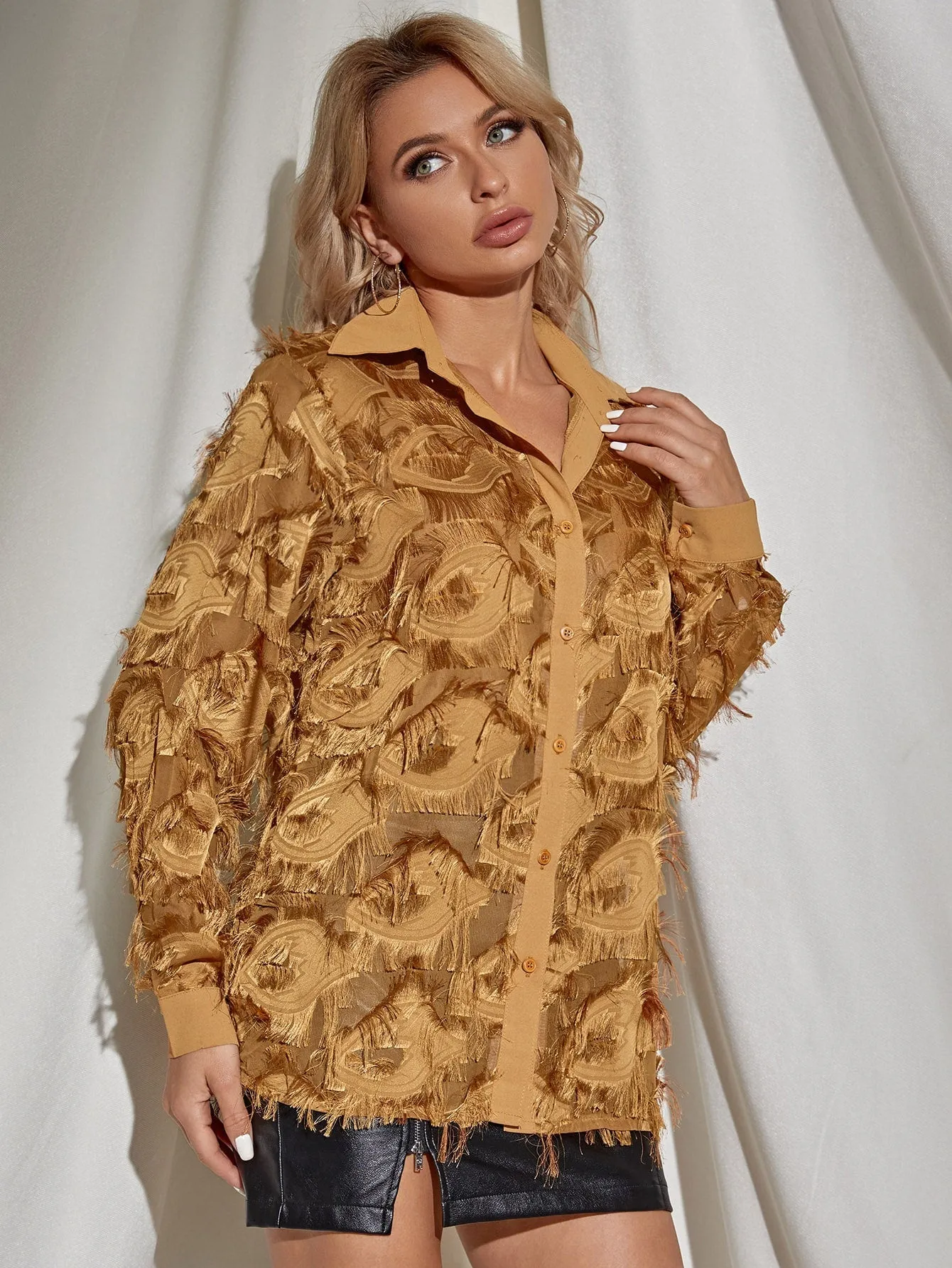 KittenAlarm - Button Front Fringe Trim Blouse