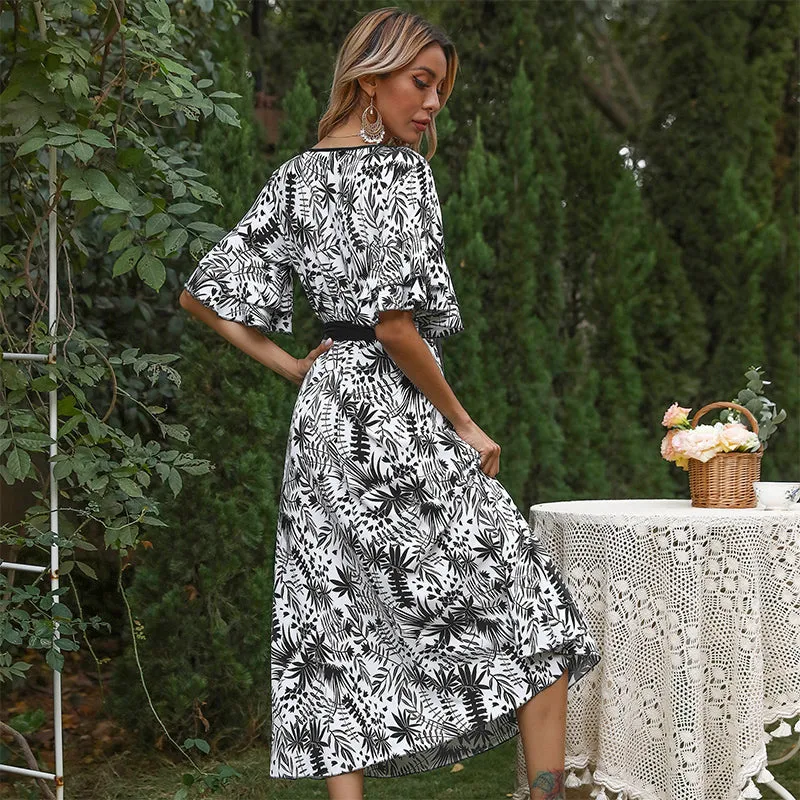 KittenAlarm - Floral Print Ruffle Hem Sleeve Belted Dress