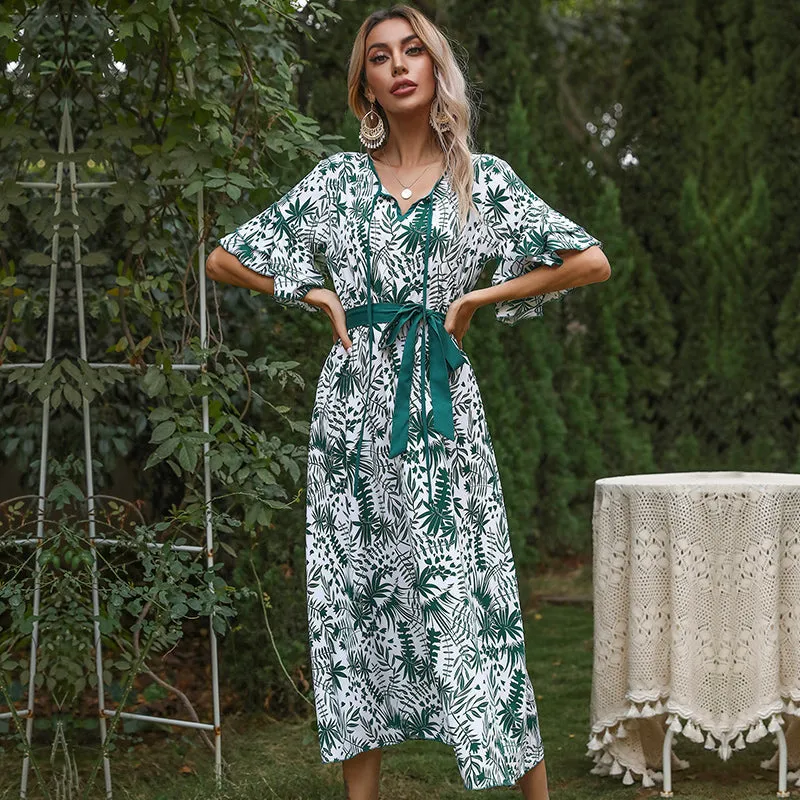 KittenAlarm - Floral Print Ruffle Hem Sleeve Belted Dress