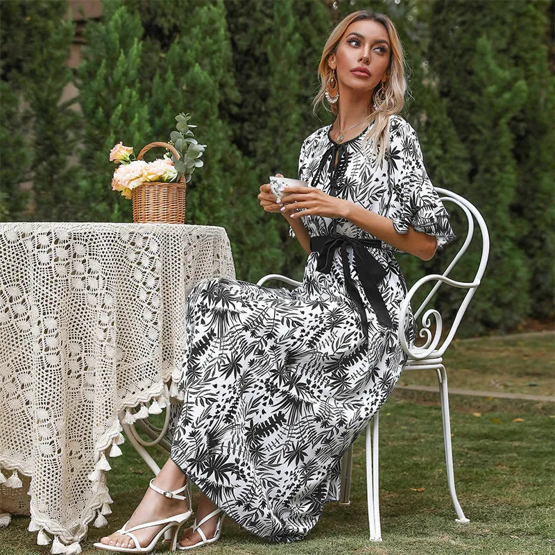 KittenAlarm - Floral Print Ruffle Hem Sleeve Belted Dress