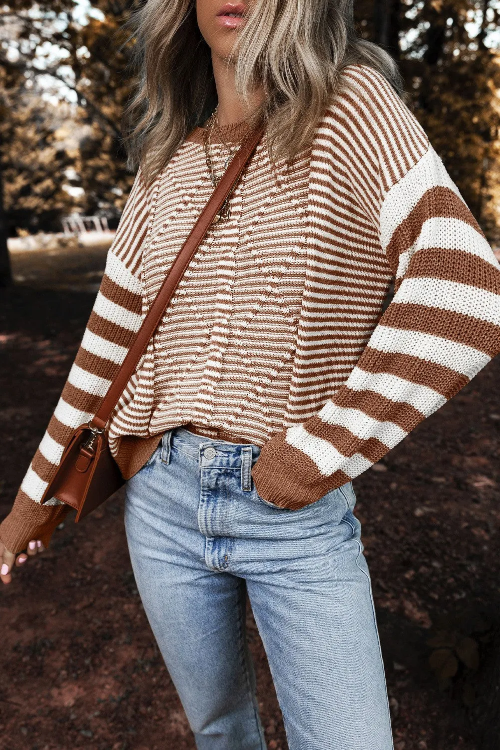 Knox Stripe Geometric Textured Drop Shoulder Sweater - Brown