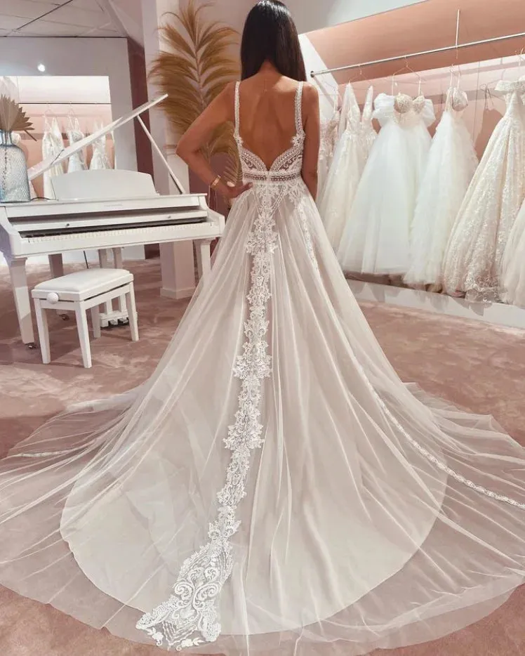 Lace Boho Wedding Dress Beach V Neck Open Back Chic Appliques