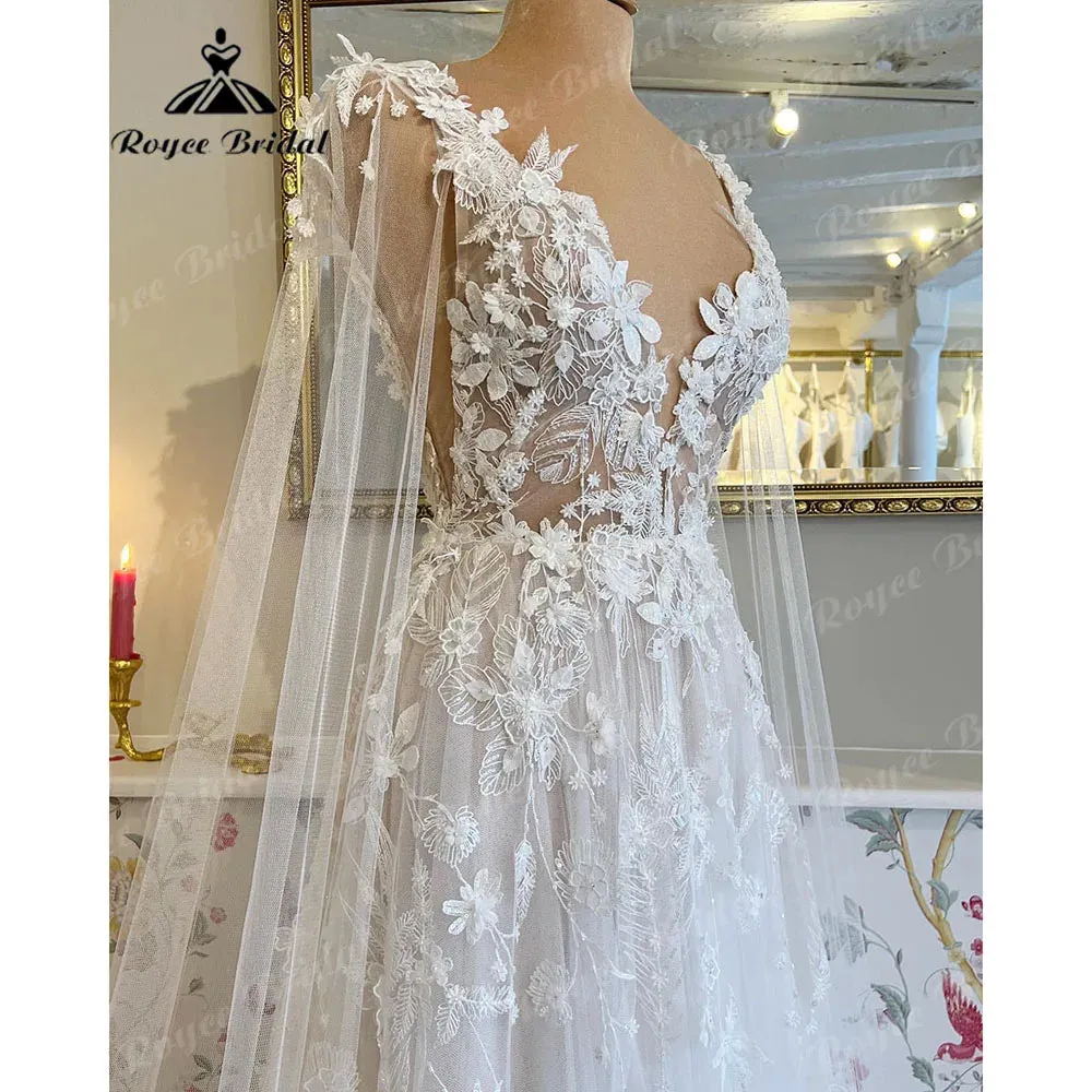 Lace Floral Fairy Beach Wedding Dress with Deep V Neck Bridal Gown