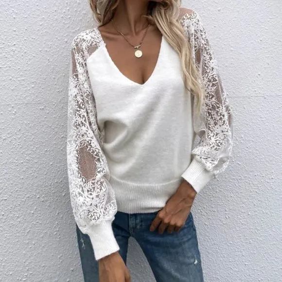 Lace Sleeved detailed Drop Shoulder Sweater Top