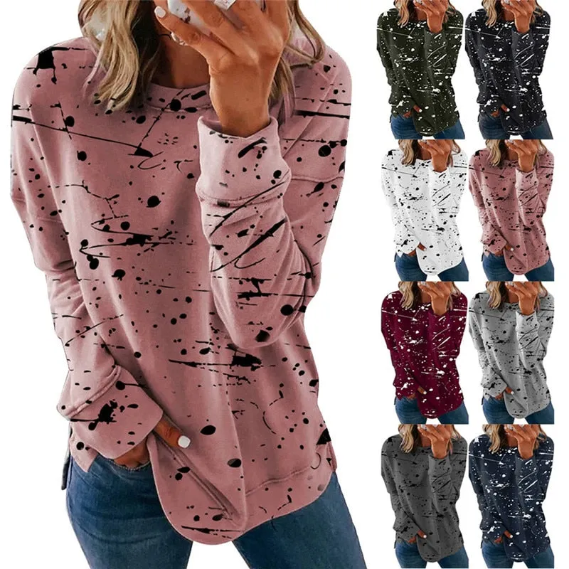 Large Size Graffiti Printing Women shirts Fashion Long Sleeve O-Neck Over Sized
