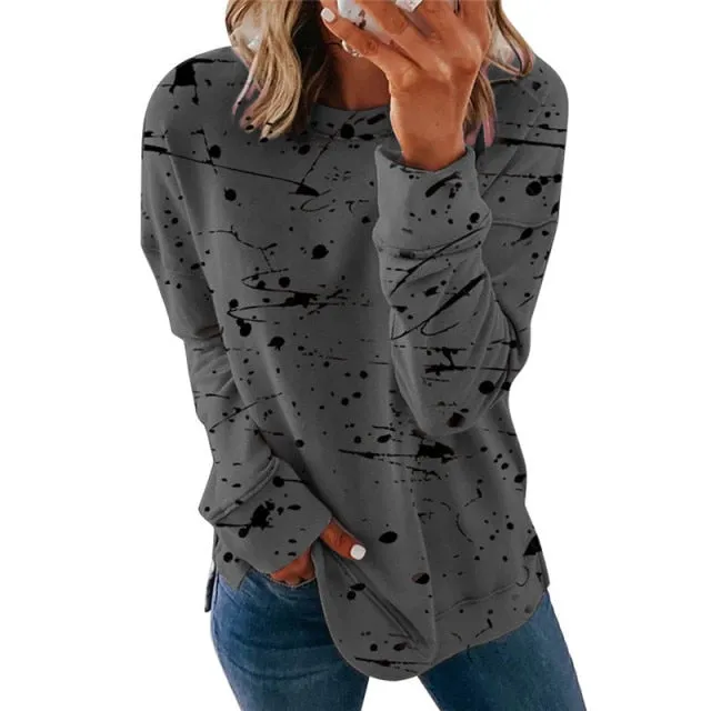 Large Size Graffiti Printing Women shirts Fashion Long Sleeve O-Neck Over Sized