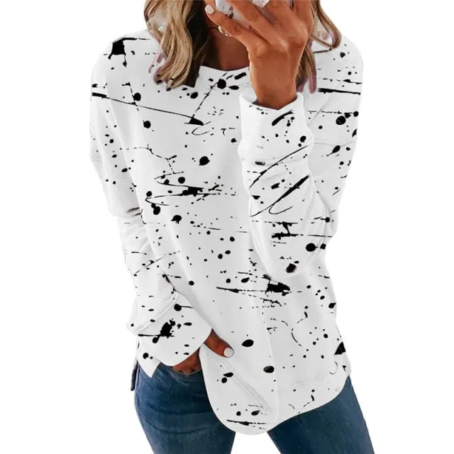 Large Size Graffiti Printing Women shirts Fashion Long Sleeve O-Neck Over Sized