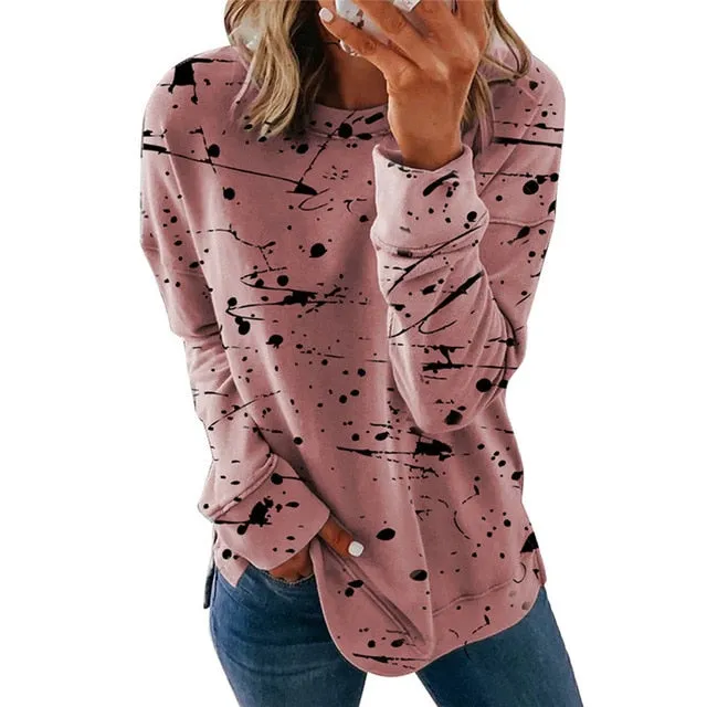 Large Size Graffiti Printing Women shirts Fashion Long Sleeve O-Neck Over Sized