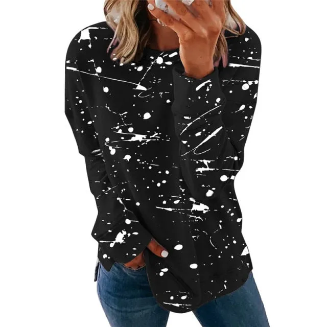 Large Size Graffiti Printing Women shirts Fashion Long Sleeve O-Neck Over Sized