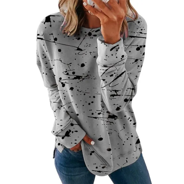 Large Size Graffiti Printing Women shirts Fashion Long Sleeve O-Neck Over Sized