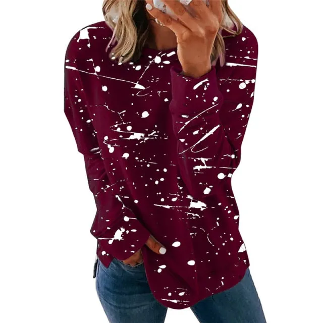 Large Size Graffiti Printing Women shirts Fashion Long Sleeve O-Neck Over Sized