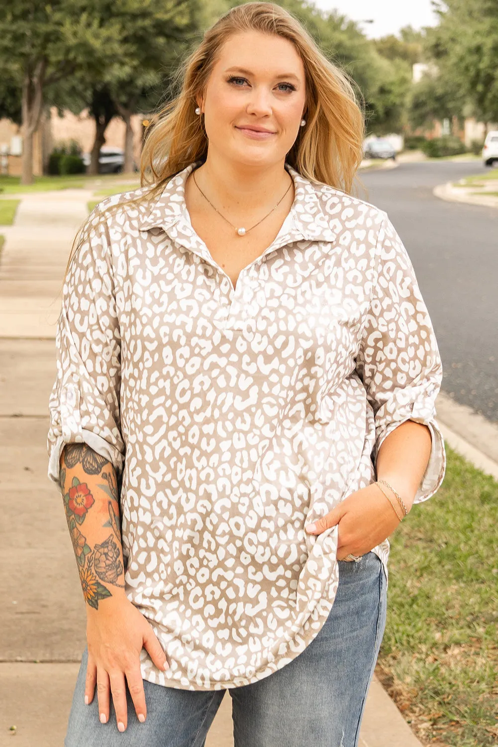 Leopard Tab Sleeve Plus Size Top