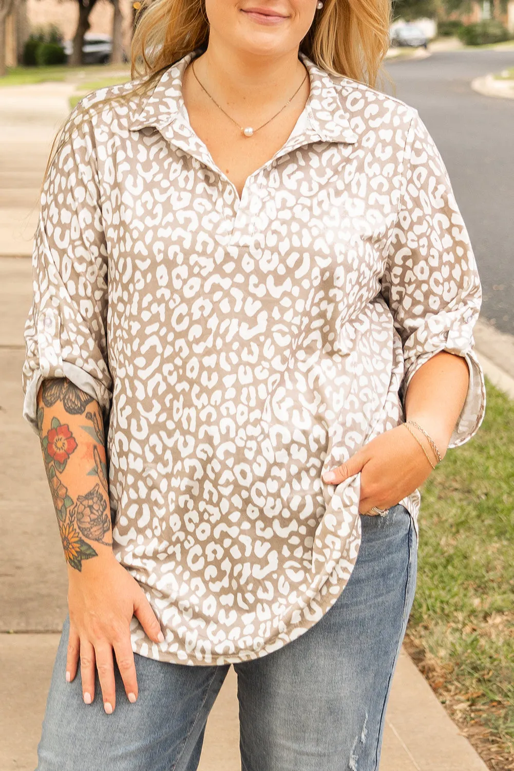 Leopard Tab Sleeve Plus Size Top