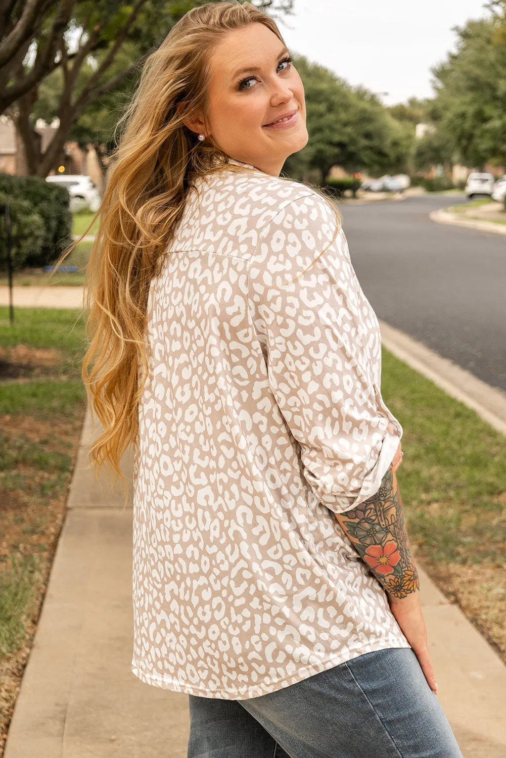 Leopard Tab Sleeve Plus Size Top