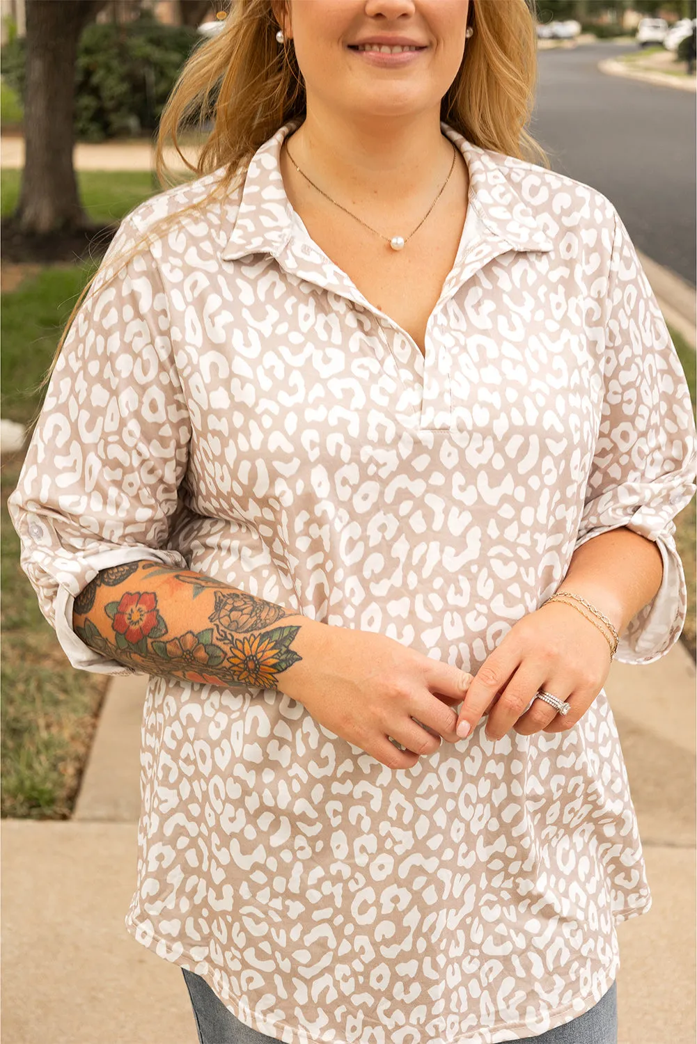 Leopard Tab Sleeve Plus Size Top