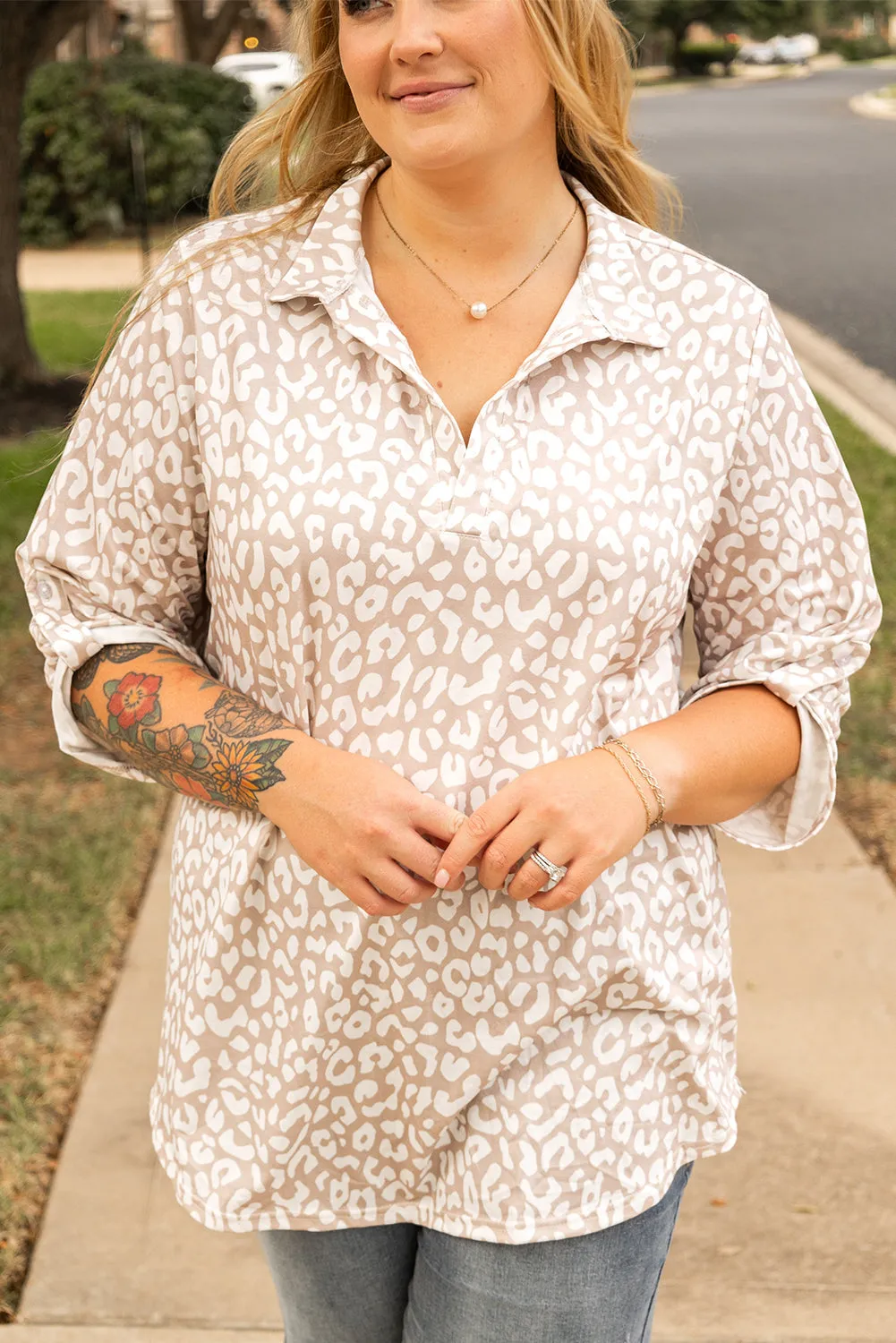 Leopard Tab Sleeve Plus Size Top