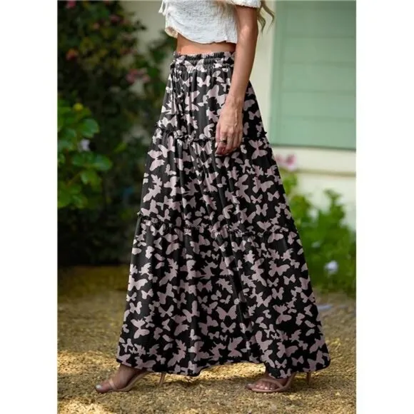 Lepunuo Womens Casual Boho High Waisted Flowy Maxi Skirts Trendy Floral Cute