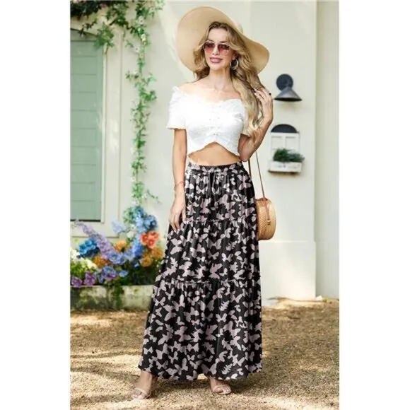Lepunuo Womens Casual Boho High Waisted Flowy Maxi Skirts Trendy Floral Cute