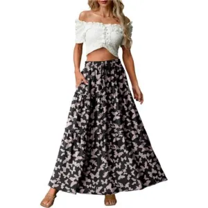 Lepunuo Womens Casual Boho High Waisted Flowy Maxi Skirts Trendy Floral Cute