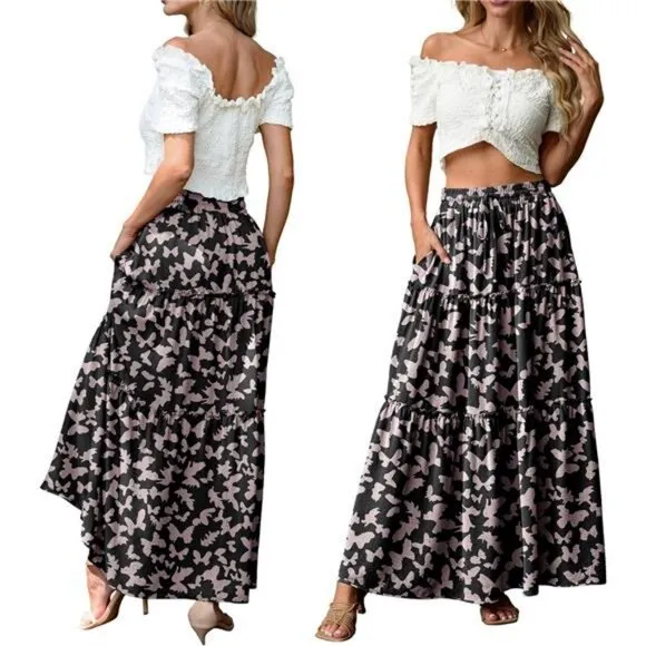 Lepunuo Womens Casual Boho High Waisted Flowy Maxi Skirts Trendy Floral Cute