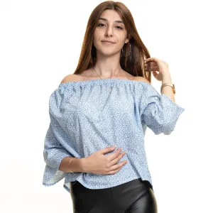 Light Blue & White Long Sleeve Off the Shoulder Blouse for Women - Going Out Tops for Ladies