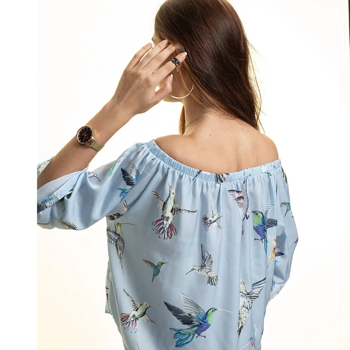 Light Blue Long Sleeve Off the Shoulder Blouse for Women - Going Out Tops for Ladies