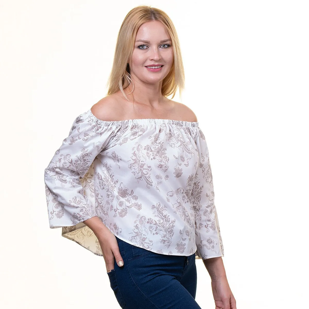 Light Grey Pink Long Sleeve Off the Shoulder Blouse for Women - Going Out Tops for Ladies