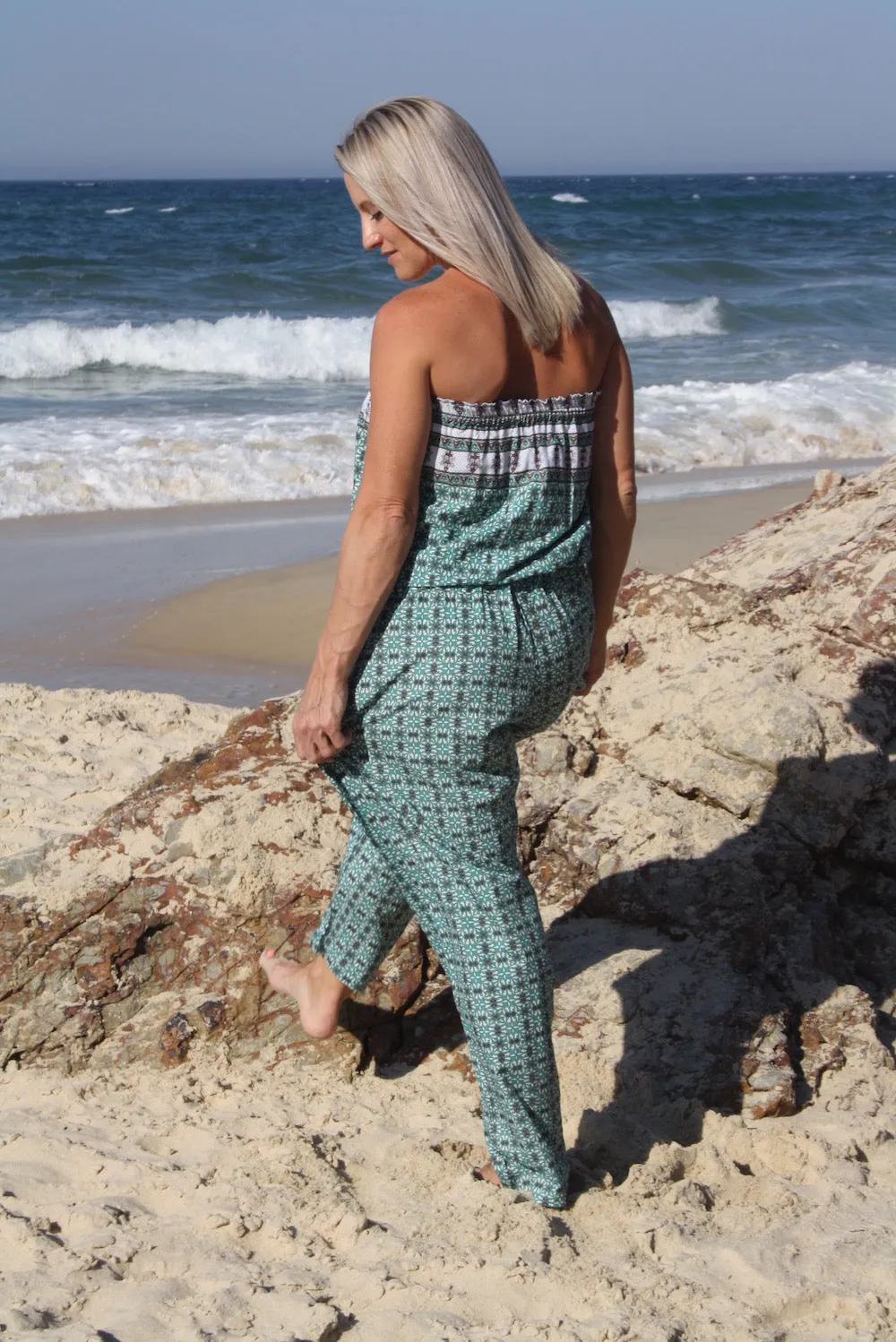 Living It Up Long Jumpsuit In Green Boarder