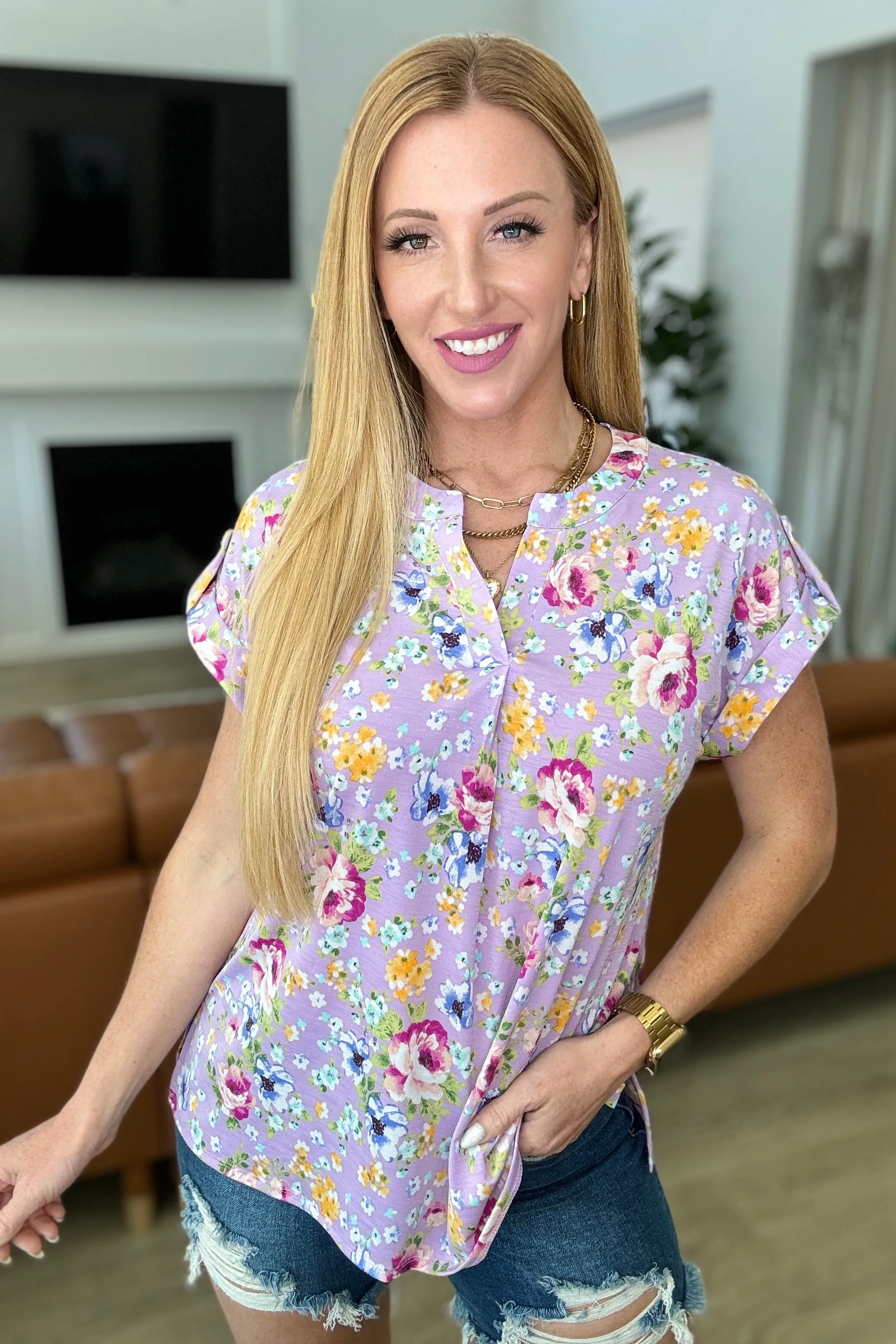 Lizzy Cap Sleeve Top in Lavender & Magenta Floral