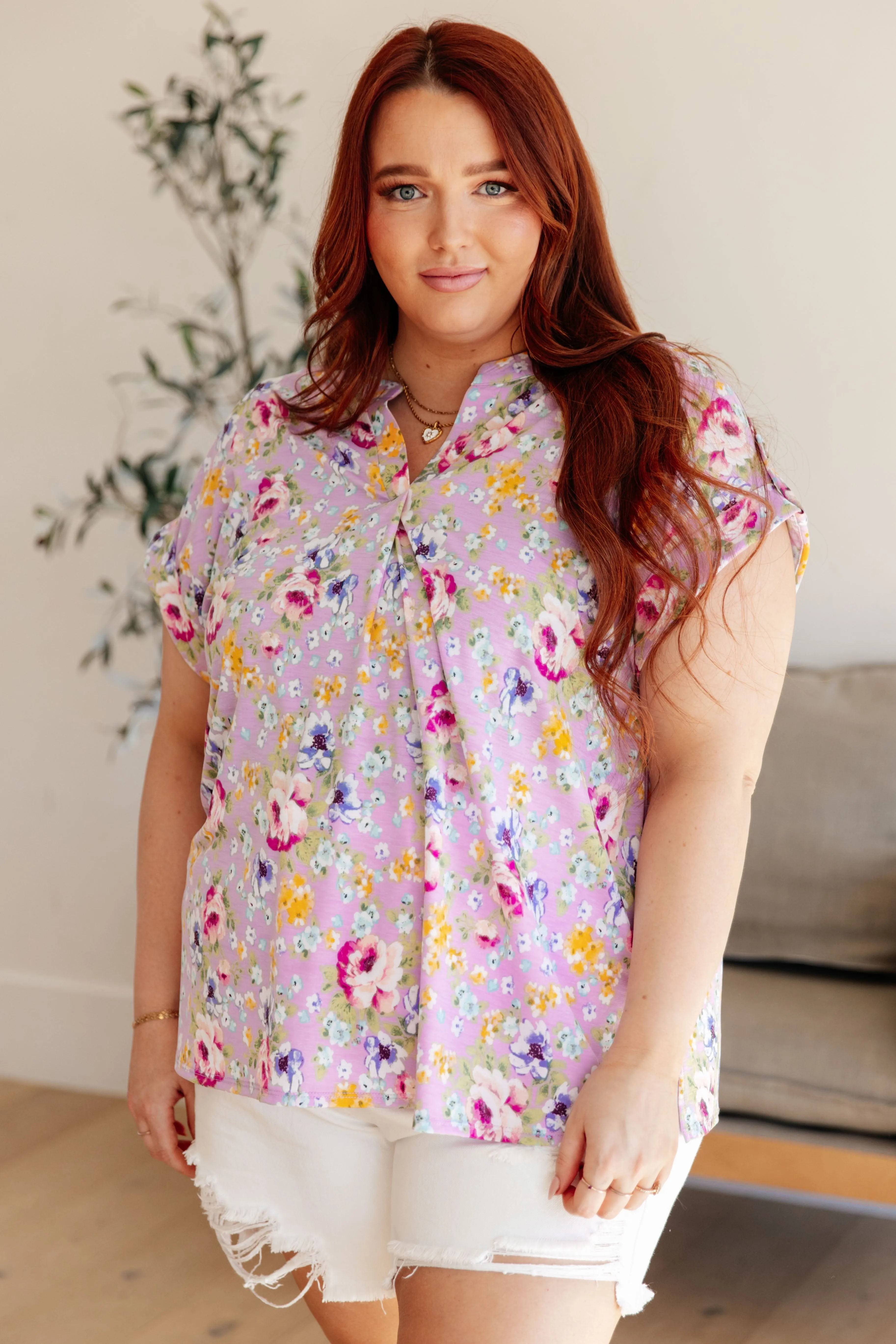 Lizzy Cap Sleeve Top in Lavender & Magenta Floral