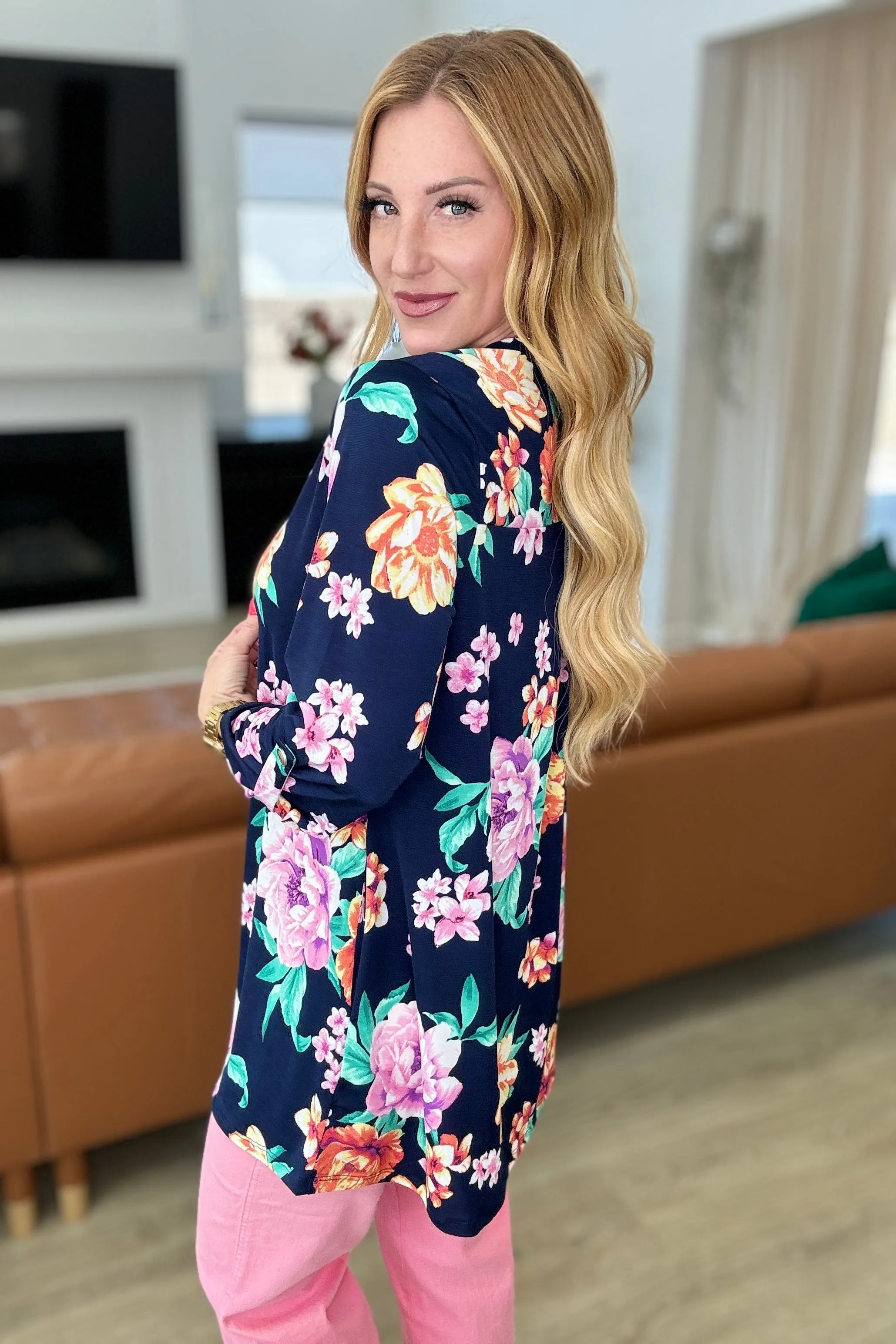 Lizzy Cardigan in Navy & Lavender Bouquet