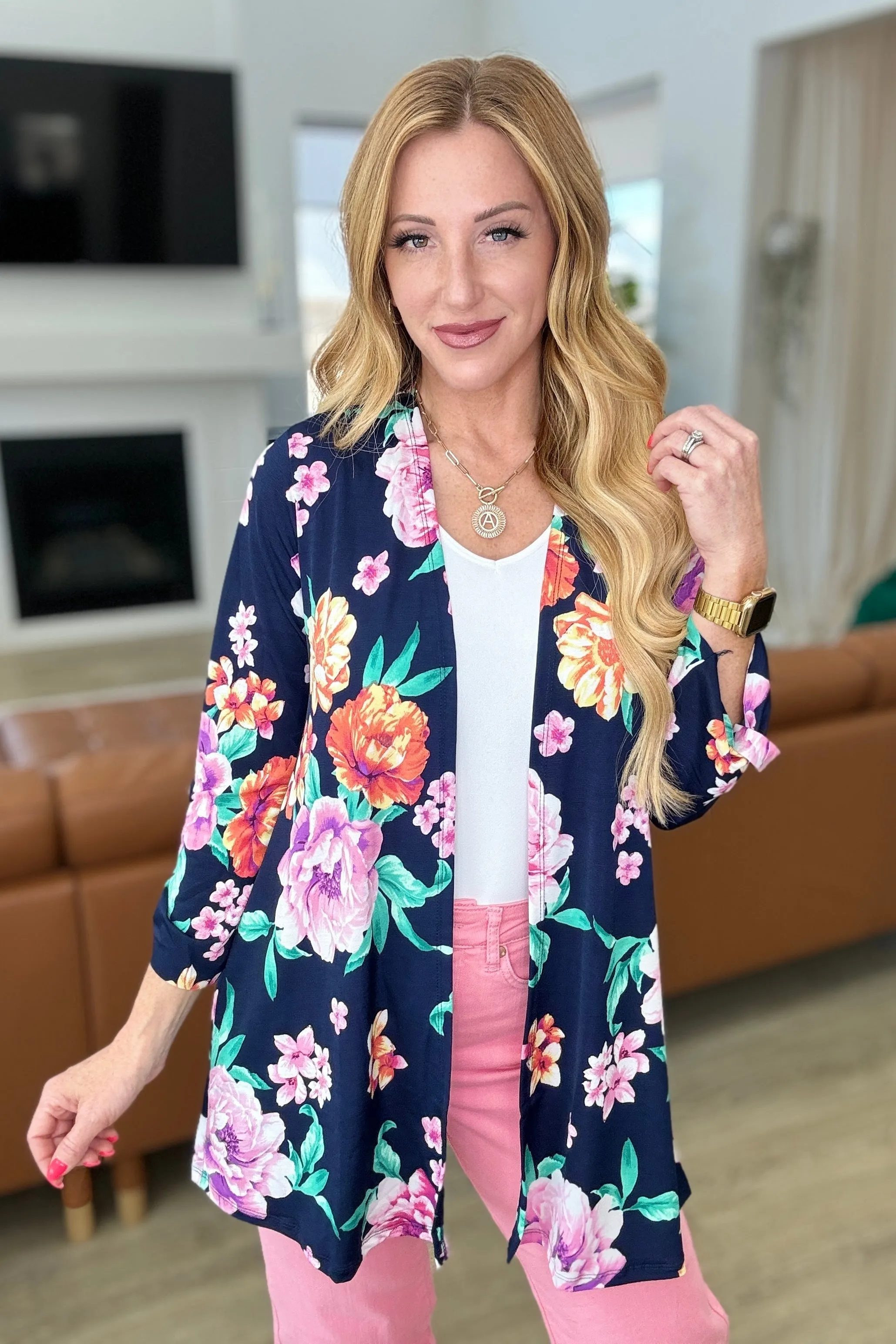 Lizzy Cardigan in Navy & Lavender Bouquet