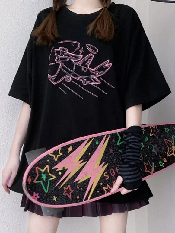 Lolita Blouse For Women Black Polyester Jewel Short Sleeves Black Lolita T-SHirt