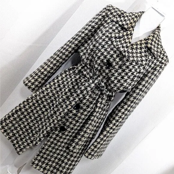 LONDONTOWNE! BLACK/CREAM NUBBY WEAVE TWEED WOOL BLEND BELTED COAT, JACKET! SZ L
