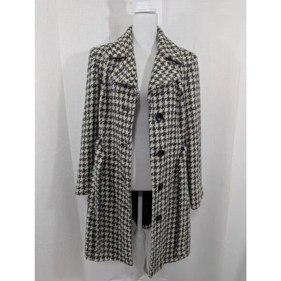 LONDONTOWNE! BLACK/CREAM NUBBY WEAVE TWEED WOOL BLEND BELTED COAT, JACKET! SZ L